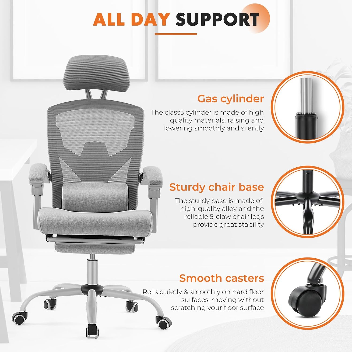 Sweetcrispy Office Computer Desk Chair With Footrest,Ergonomic High-Back Mesh Rolling Work Swivel Chairs With Wheels,Comfortable Lumbar Support,Comfy Arms For Home,Bedroom,Study,Student,Light Grey