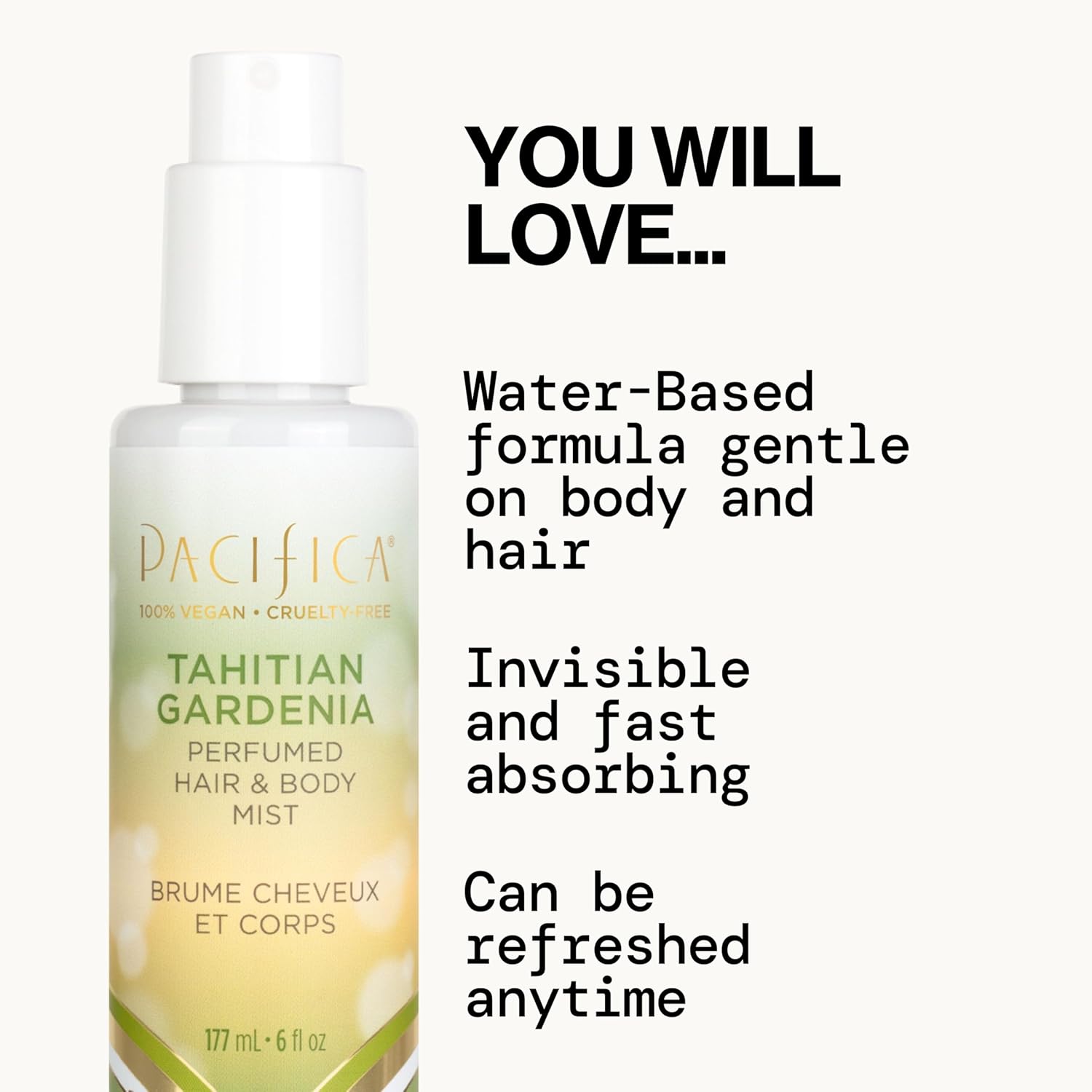 Pacifica Tahitian Gardenia Hair Perfume & Body Mist for Women — Alcohol-Free Hair & Body Spray, Floral Gardenia Perfume, Vegan & Cruelty-Free, Clean Fragrance, 6 Fl Oz