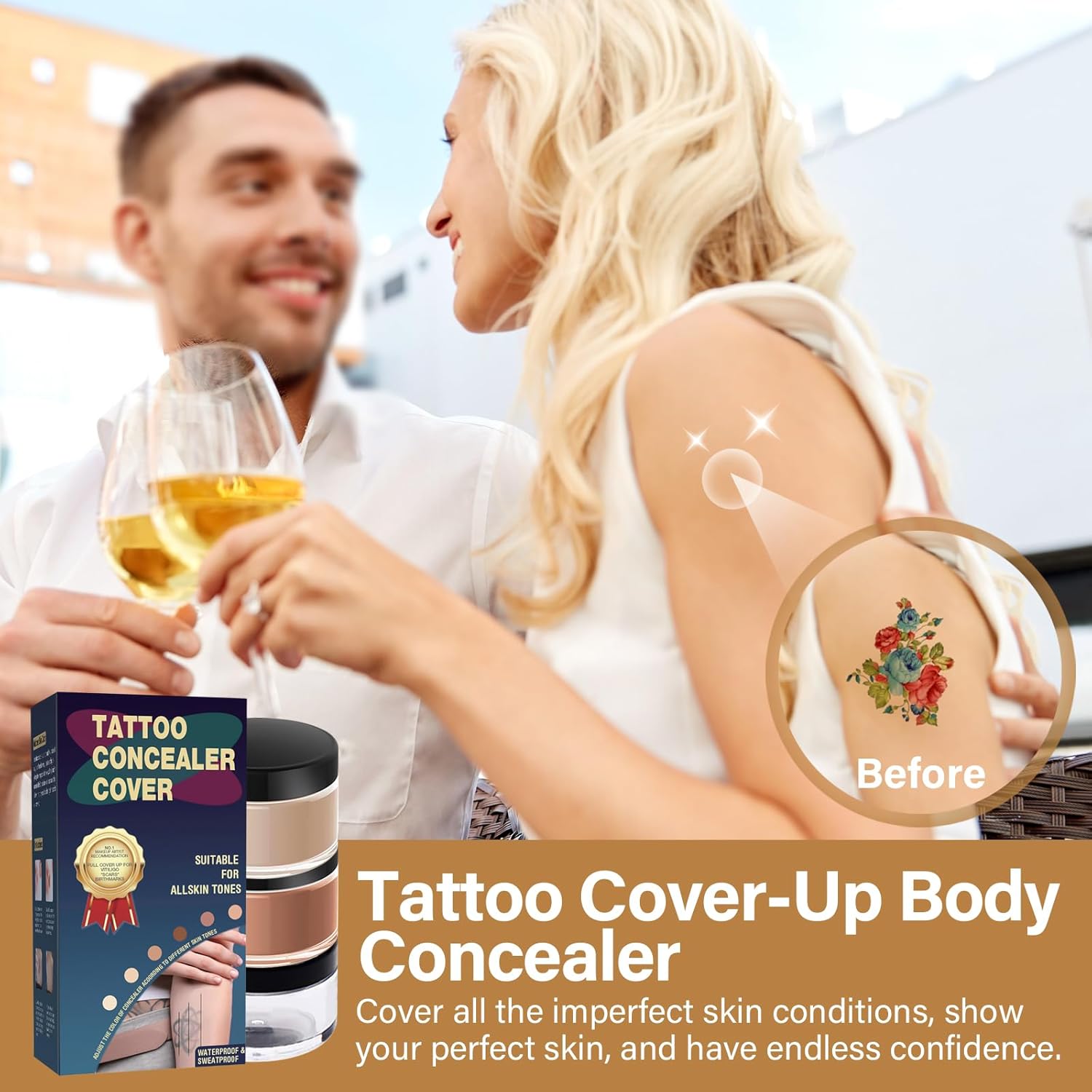 Tattoo Cover Up Makeup Waterproof, 2-Color Tattoo Concealer, Long Lasting Sweatproof Concealers and Neutralizing Makeup for Body, Naturally Cover Tattoos, Spots