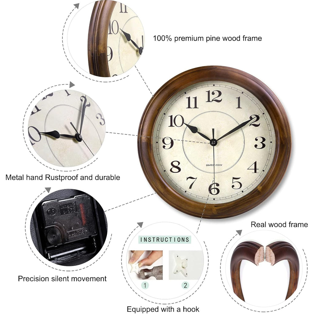 Kesin Wall Clock Wood 14 Inch Silent Wall Clocks Large Decorative Battery Operated Non Ticking Analog Retro Clock For Living Room, Kitchen, Bedroom
