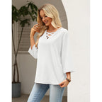 Rapbin Womens 3/4 Sleeve Tops Cotton Linen Shirts V Neck Criss Cross Tees Loose Fit Blouses Summer Fashion