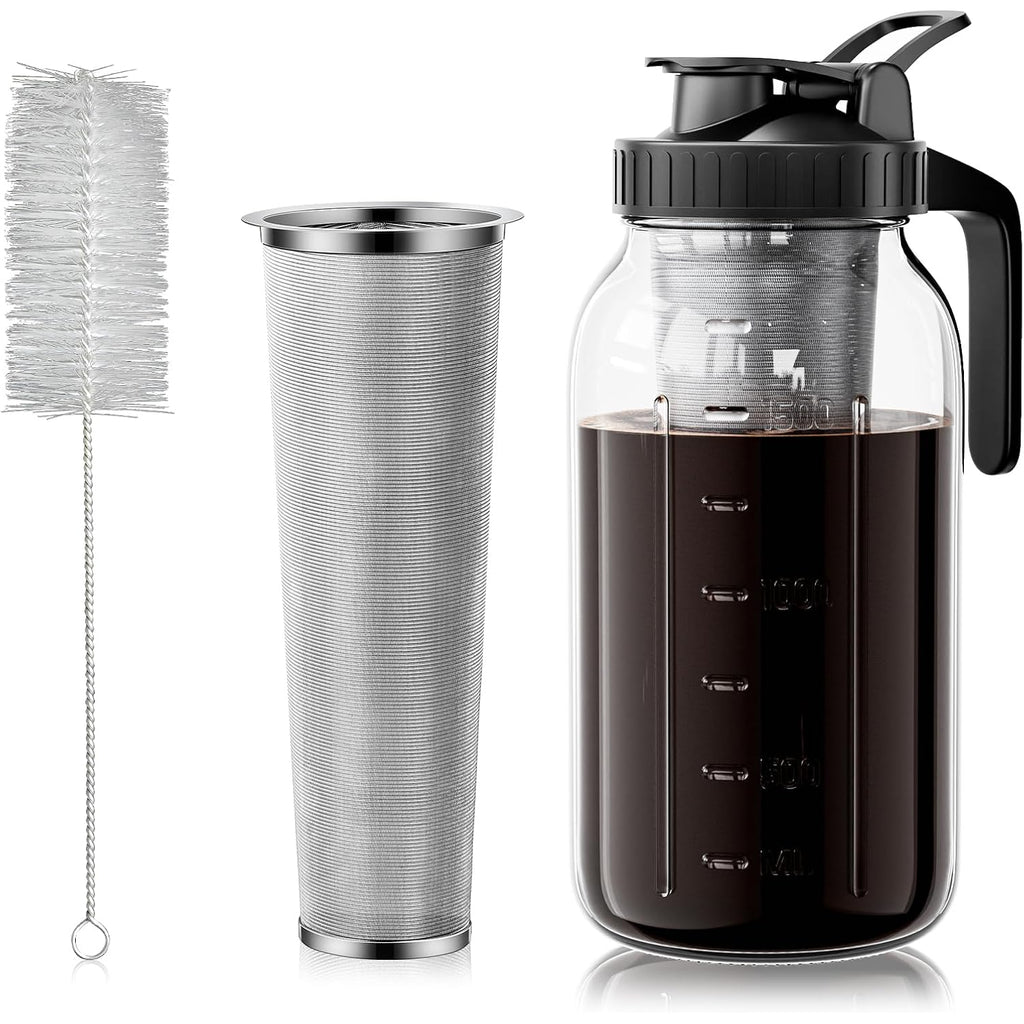Cold Brew Coffee Maker 64Oz, Iced Coffee Maker With 304 Stainless Steel Filter, Mason Jar Pitcher With Lid And Spout (Black)