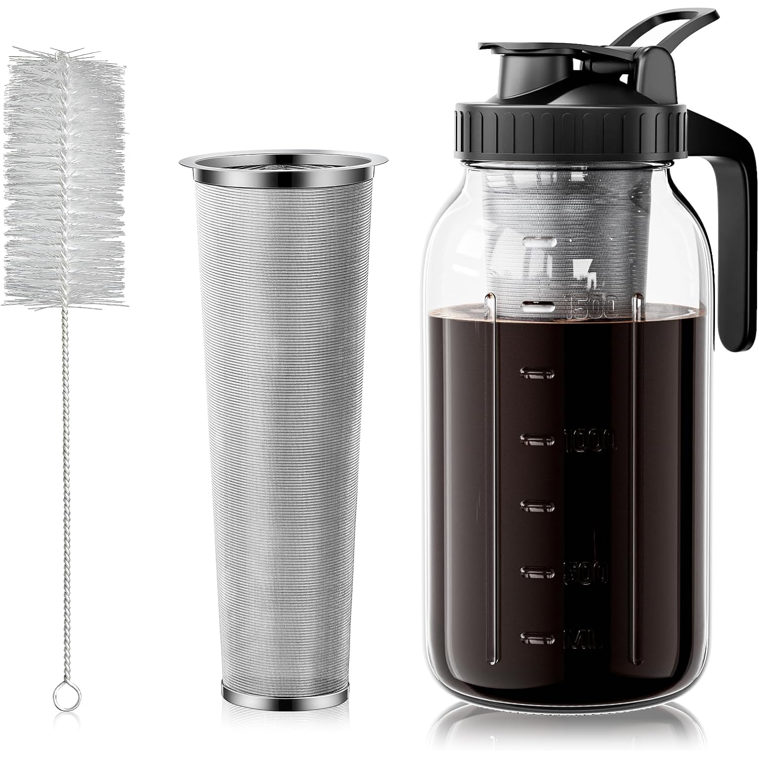 Cold Brew Coffee Maker 64Oz, Iced Coffee Maker With 304 Stainless Steel Filter, Mason Jar Pitcher With Lid And Spout (Black)