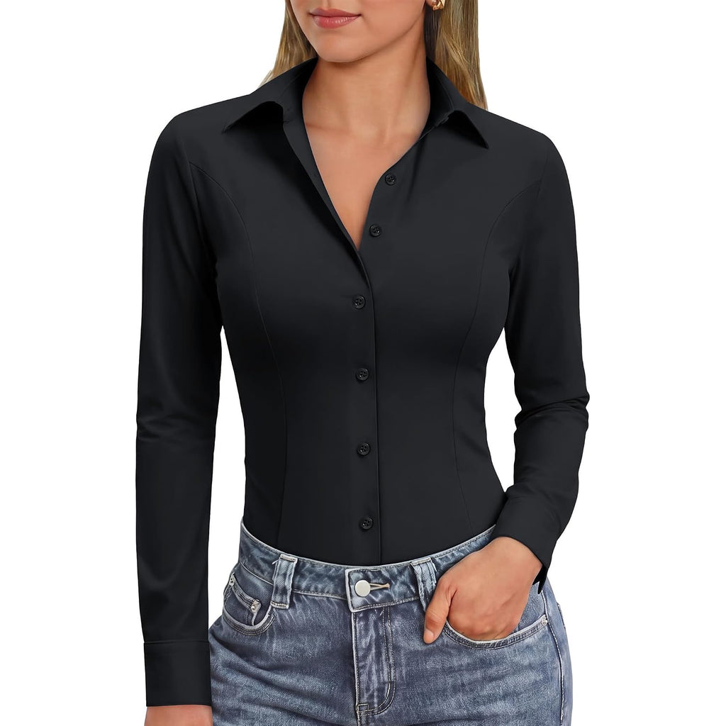Siliteelon Womens Stretch Button Down Shirts Slim Fit Long Sleeve Dress Shirt Wrinkle Free Collared Business Work Blouse Top