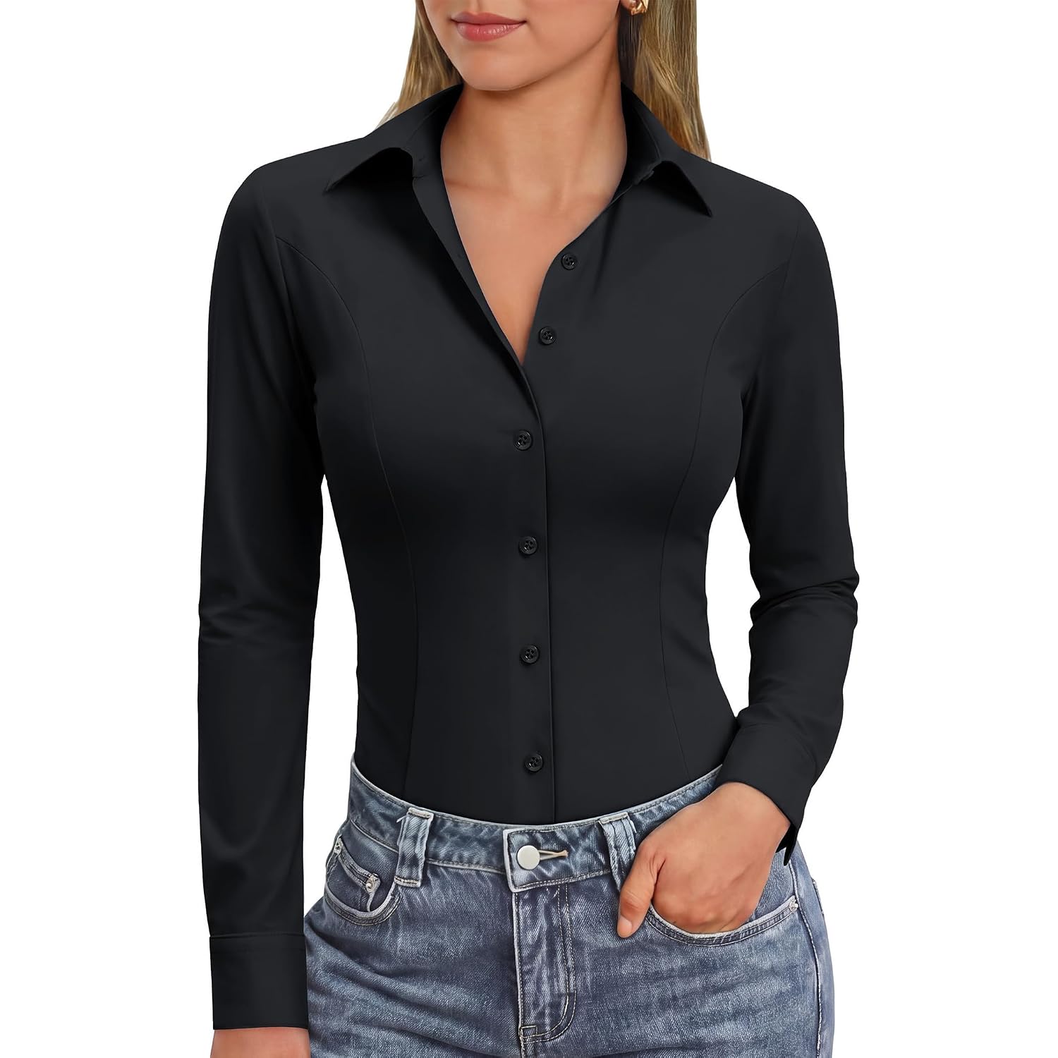 Siliteelon Womens Stretch Button Down Shirts Slim Fit Long Sleeve Dress Shirt Wrinkle Free Collared Business Work Blouse Top