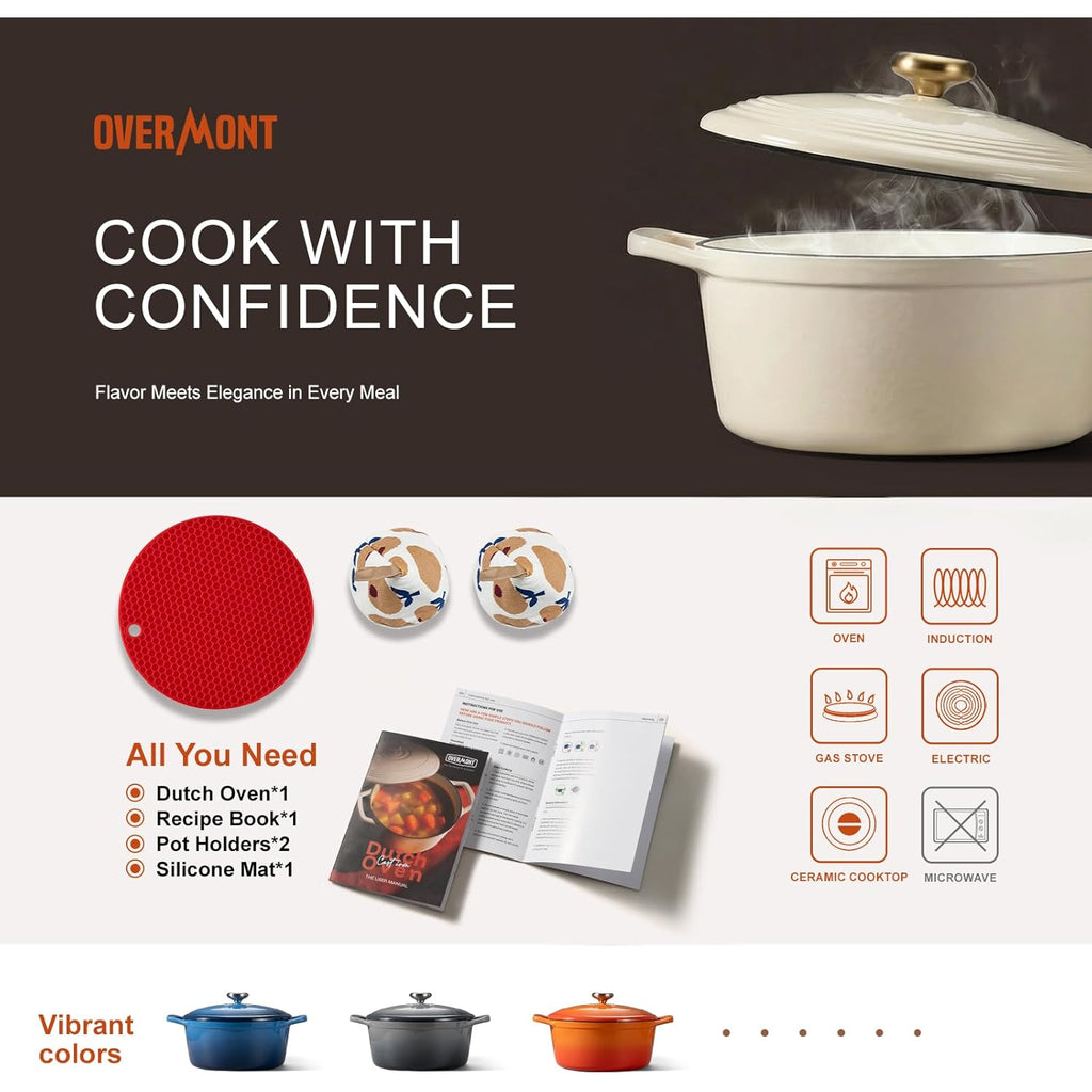 Overmont Enameled Cast Iron Dutch Oven - 5.5QT Pot with Lid Cookbook & Cotton Potholders - Heavy-Duty Cookware for Braising, Stews, Roasting, Sourdough Baking White