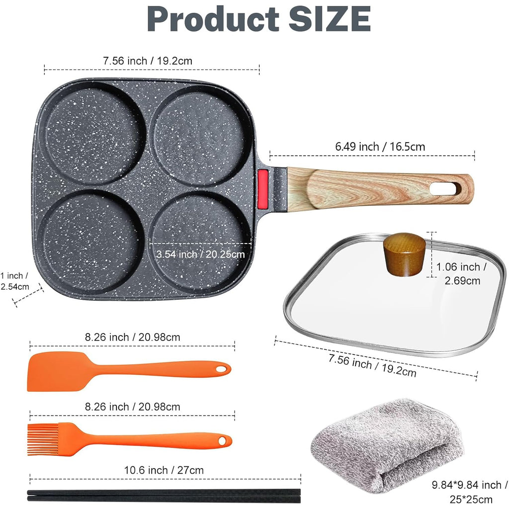 4‑Cup Nonstick Egg Pan Set with Lid – Aluminum Omelette Skillet for Breakfast, Includes Silicone Scraper, Oil Brush, Chopsticks & Cleaning Cloth – Compatible with Gas & Induction Cooktops (Black)