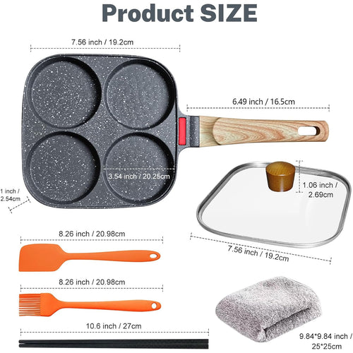 4‑Cup Nonstick Egg Pan Set with Lid – Aluminum Omelette Skillet for Breakfast, Includes Silicone Scraper, Oil Brush, Chopsticks & Cleaning Cloth – Compatible with Gas & Induction Cooktops (Black)