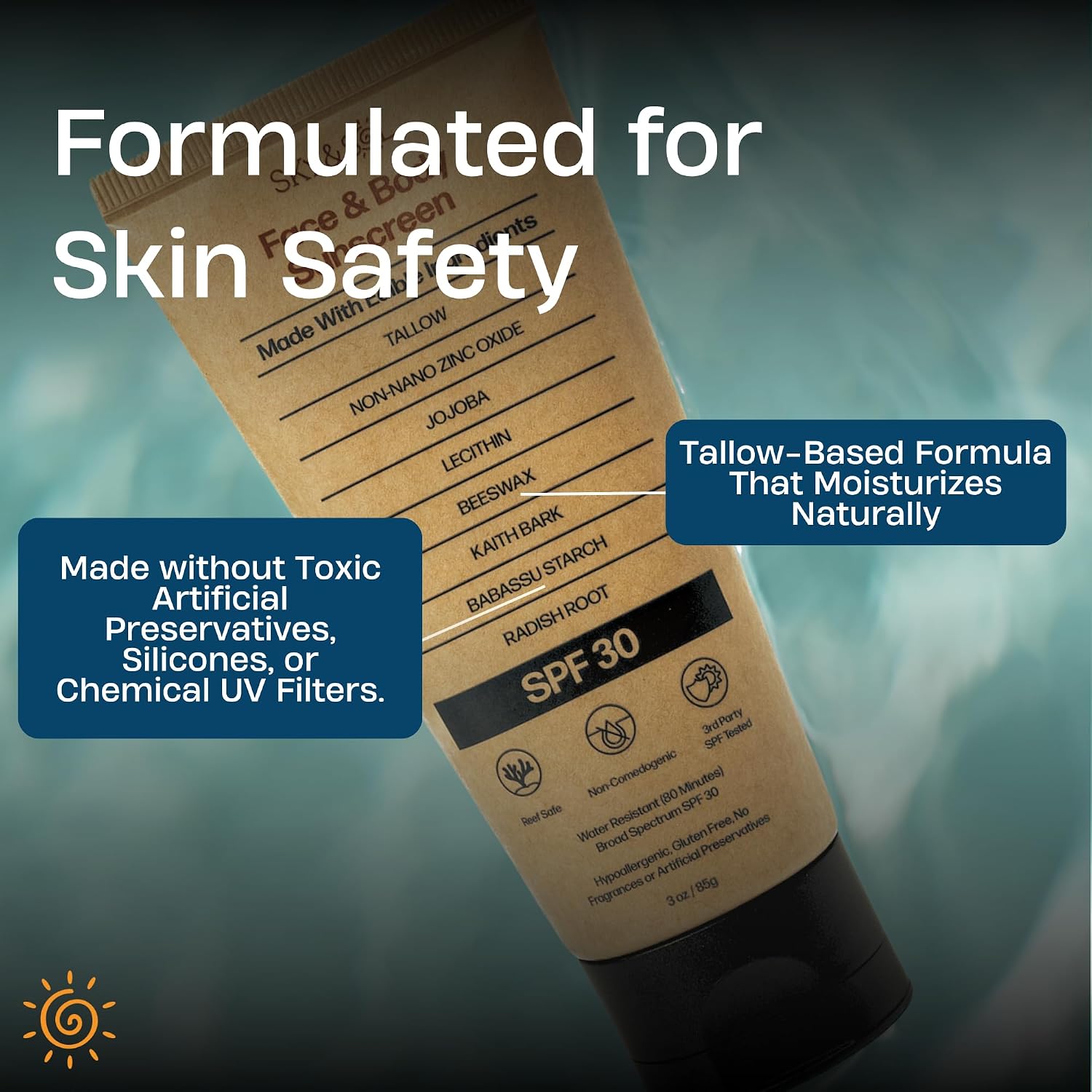 Sky And Sol Natural Mineral Sunscreen Spf 30 3 Oz: Natural Tallow & Zinc Oxide, Reef Safe, Water Resistant, Fragrance-Free, Non-Greasy Formula For Face And Body