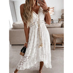 Cupshe Maxi Summer Dress For Women Lace V Neck Sleeveless Sundress Boho Crochet Tassel Flowy Beach Vacation Graduation Dress