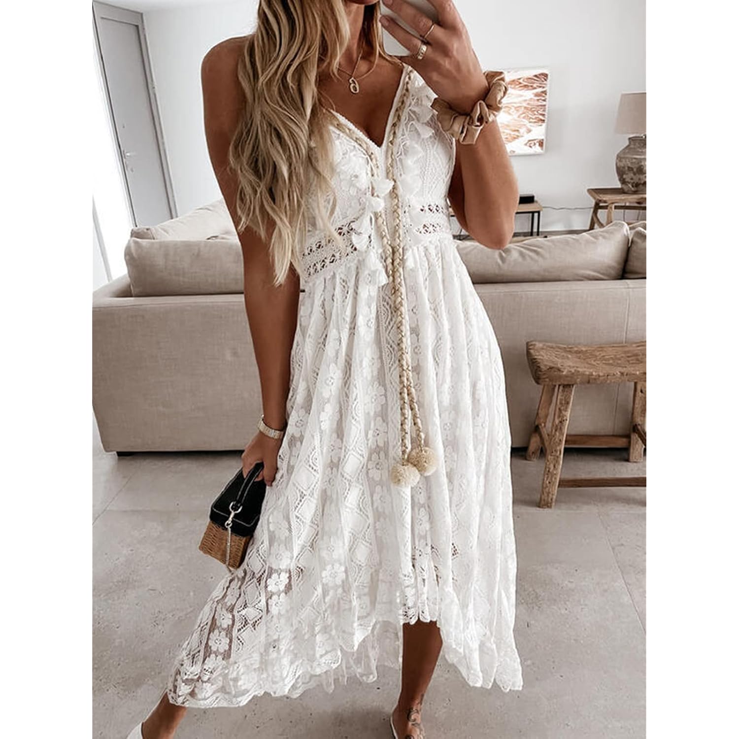 Cupshe Maxi Summer Dress For Women Lace V Neck Sleeveless Sundress Boho Crochet Tassel Flowy Beach Vacation Graduation Dress