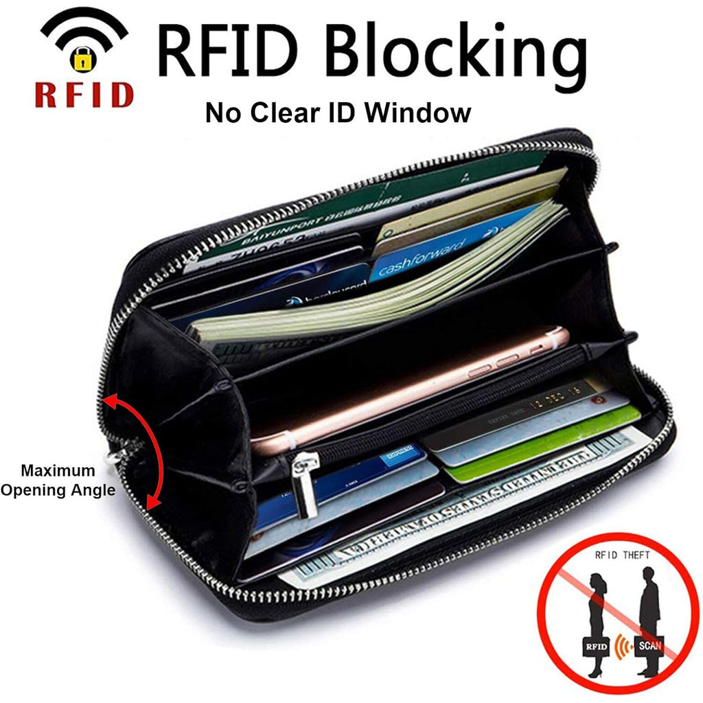 Moflycom Womens Wallet RFID Blocking Genuine Leather Zip Around Wallet Clutch Wristlet Travel Long Purse for Women