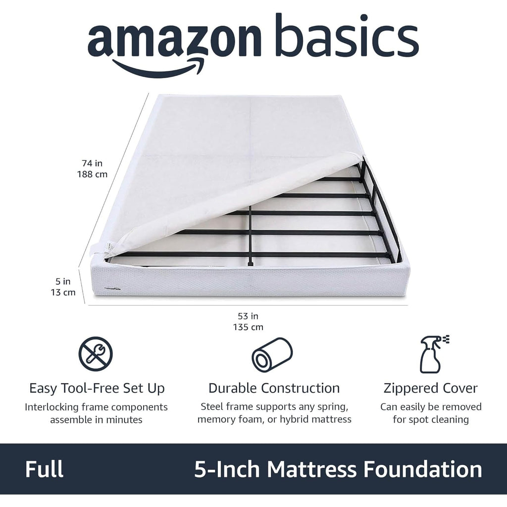 Amazon Basics Smart Box Spring Bed Base, 5-Inch Height Mattress Foundation, Tool-Free Easy Assembly, Metal Support, Full, 74" x 53"