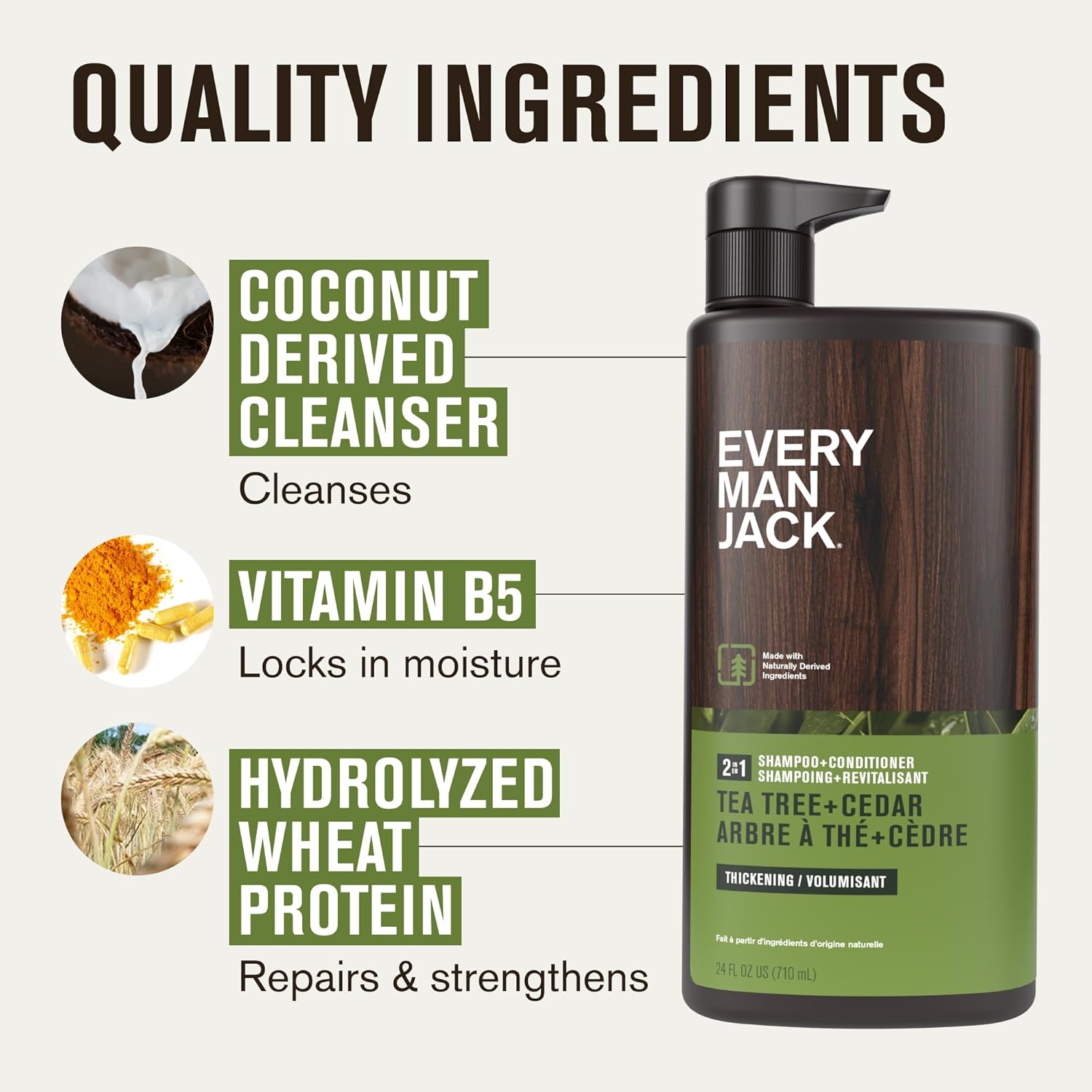 Every Man Jack Mens Shampoo and Conditioner 2 in 1 - Thickening Tea Tree - Moisturizing, Volumizing - Free of Parabens, Phthalates & Dyes - 24oz - 1 Bottle