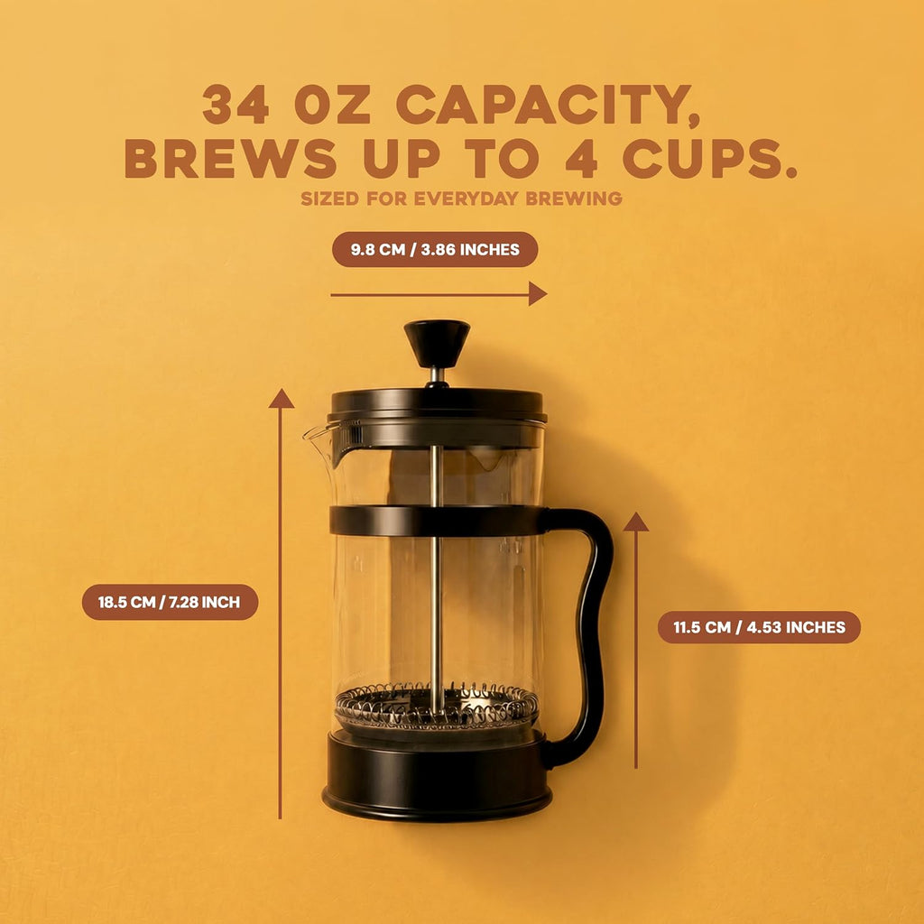 Utopia Kitchen Borosilicate Glass French Press Coffee Maker 34 Oz, Heat-Resistant Cafetiere & Tea Maker, Thickened Glass Coffee Press For Travel And Camping, Black