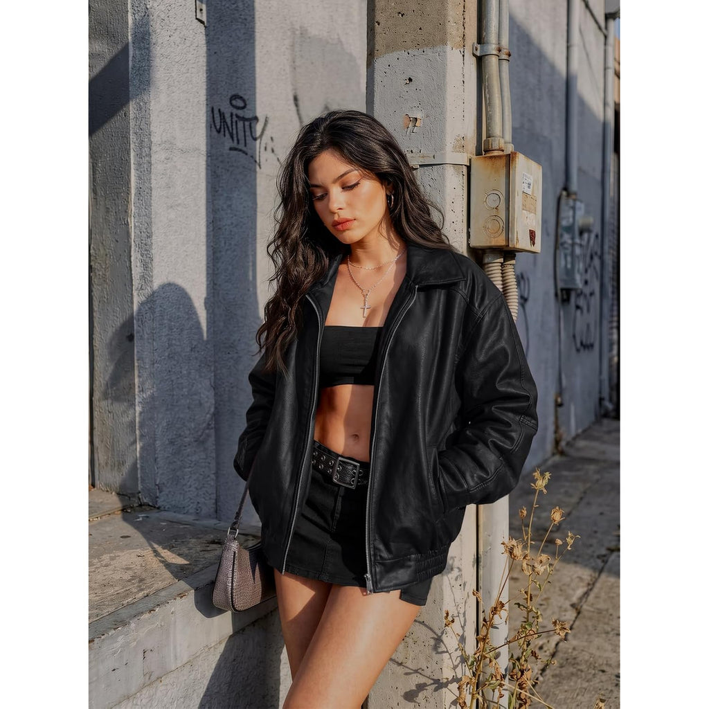 Automet Women'S Oversized Faux Leather Jacket Boyfriend Biker Moto Coat Lightweight Fall Bomber Outerwear