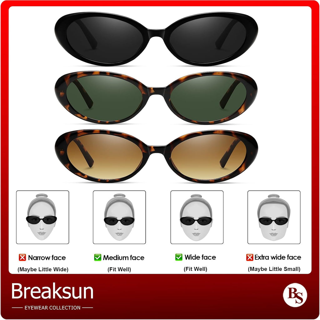 Breaksun Retro Oval Sunglasses for Women Men Fashion Small Oval Sunglasses 90s Vintage Shades 3 Pack (Black/Grey+ G15+ Brown Gradient)