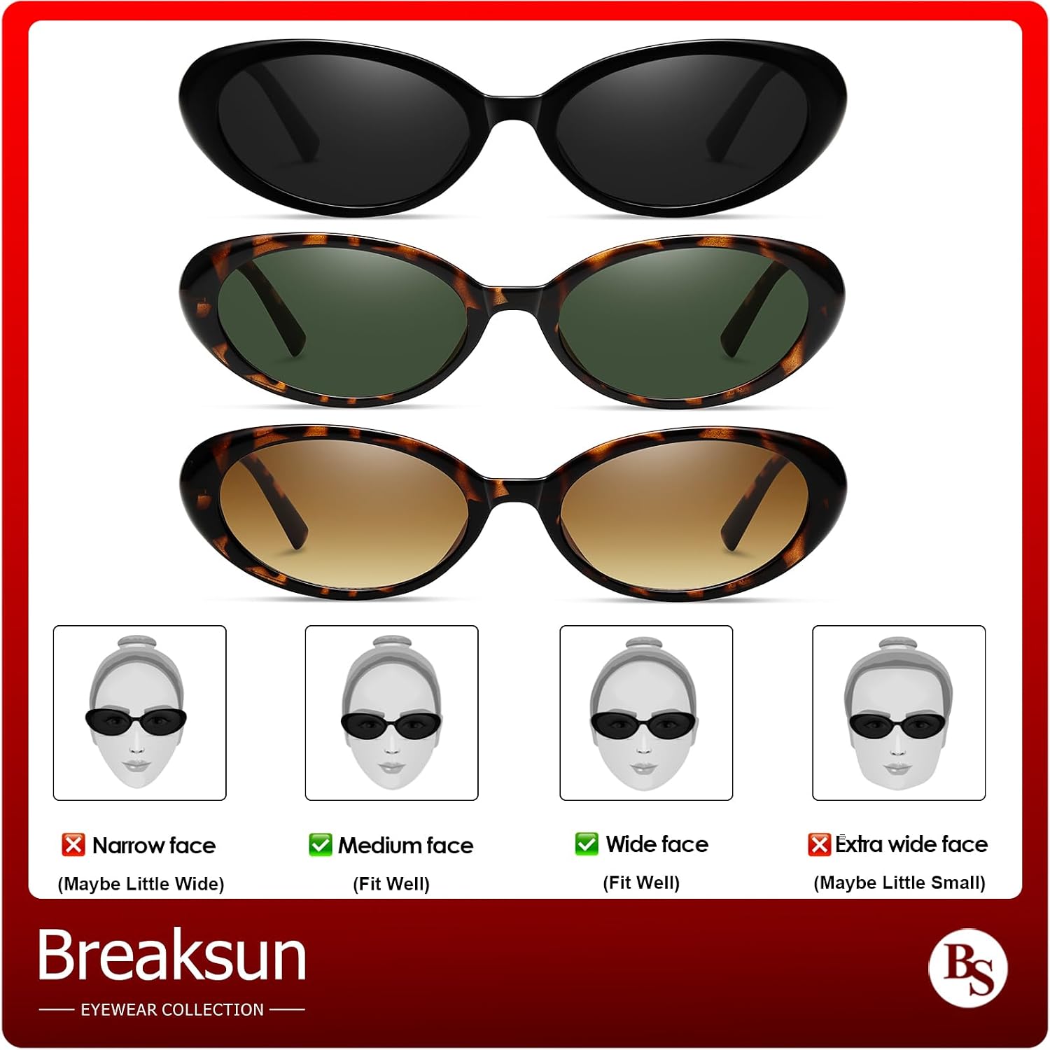 Breaksun Retro Oval Sunglasses for Women Men Fashion Small Oval Sunglasses 90s Vintage Shades 3 Pack (Black/Grey+ G15+ Brown Gradient)