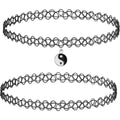 BodyJ4You 2PC Tattoo Choker Necklace - 90s Choker Necklace Women - 2000s Y2K Black Chokers Rainbow Choker - Butterfly Ying Yang Unicorn Rainbow Charms - Stretchy Elastic Necklace