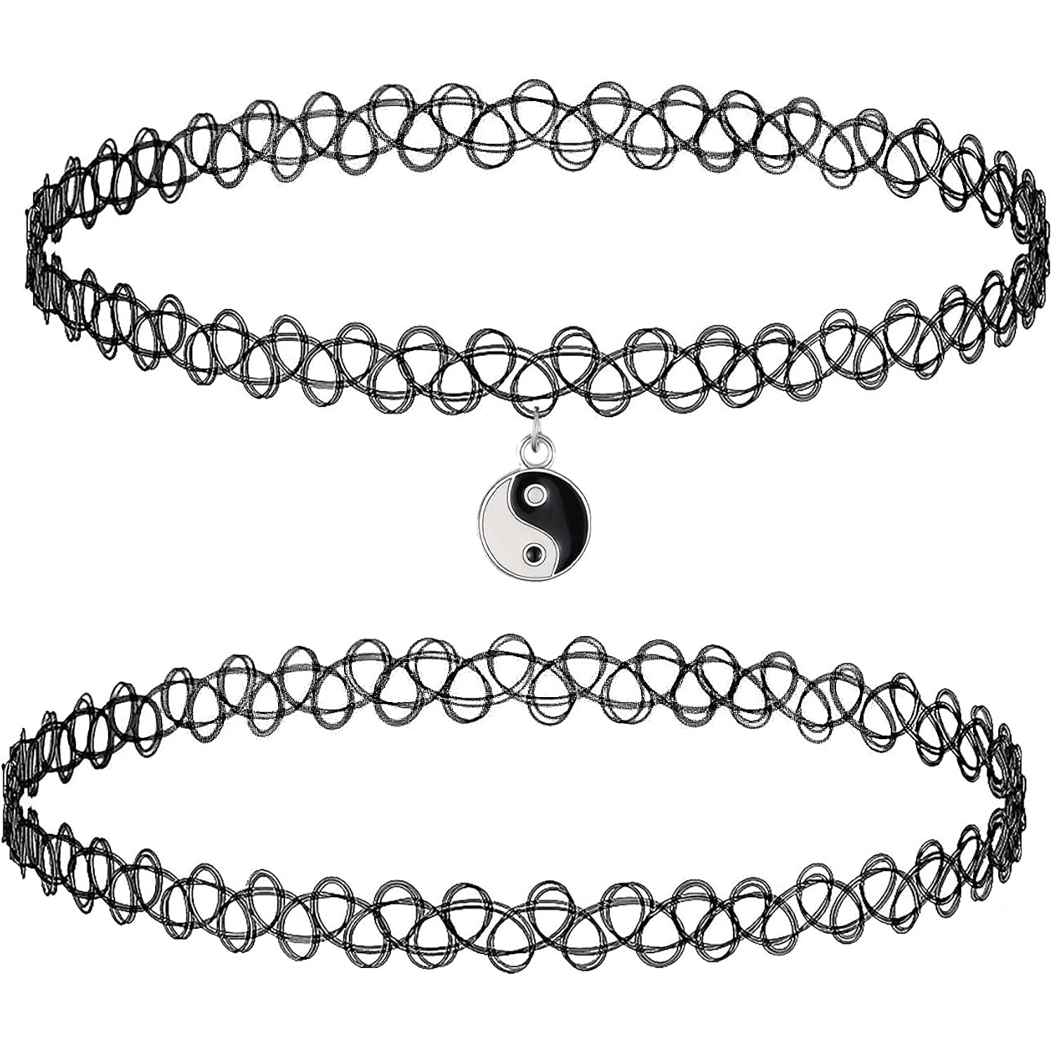 BodyJ4You 2PC Tattoo Choker Necklace - 90s Choker Necklace Women - 2000s Y2K Black Chokers Rainbow Choker - Butterfly Ying Yang Unicorn Rainbow Charms - Stretchy Elastic Necklace