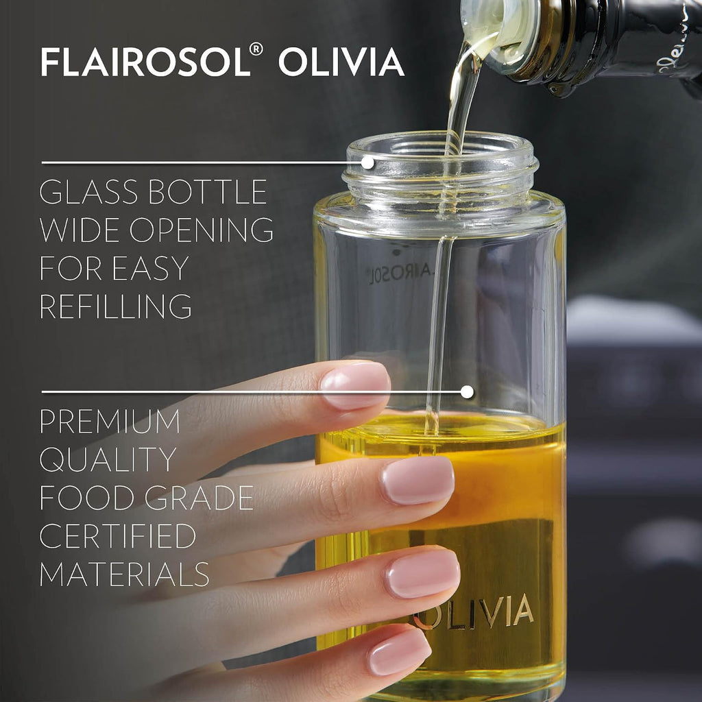 Olivia Signature Advanced Kitchen Oil Sprayer With Flairosol Technology, Fine Mist & Portion Control, Refillable Glass Olive Oil Cooking Spray Bottle For Air Fryer, Salad, Bbq, 130Ml (White Print)