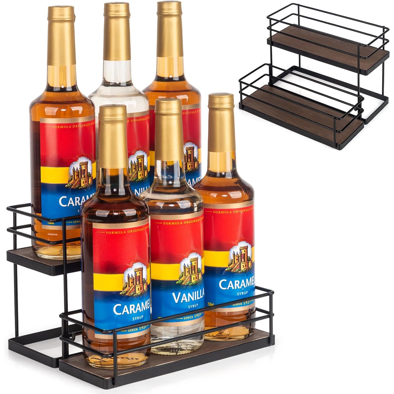 Kimilus 6 Bottle Capacity Coffee Syrup Organizer 2 Tier Coffee Syrup Stand Shelf For Coffee Bar Kitchen Small Wine Rack For Bar Family Storage For Syrup Wine Dressing