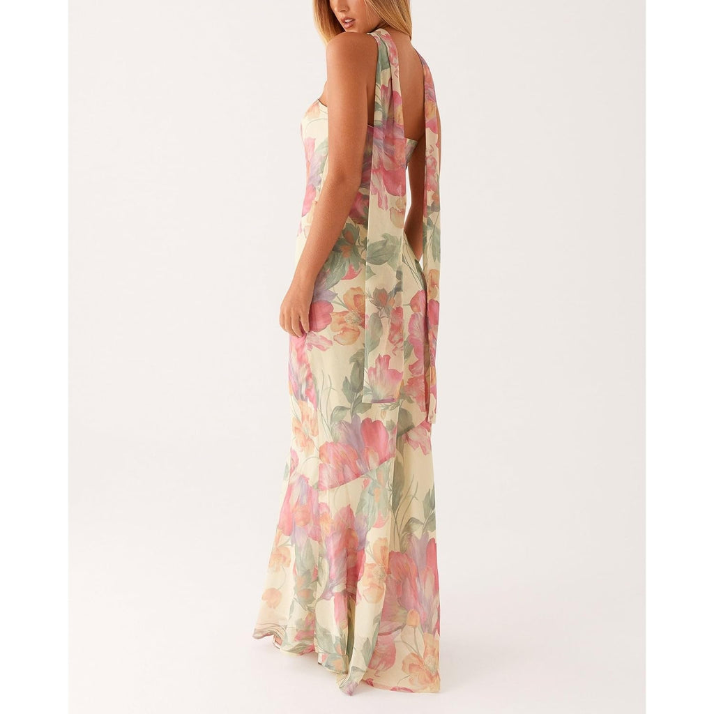 Women Strapless Floral Dress With Sarf Mesh Tube Maxi Dress Summer Cocktail Wedding Guest