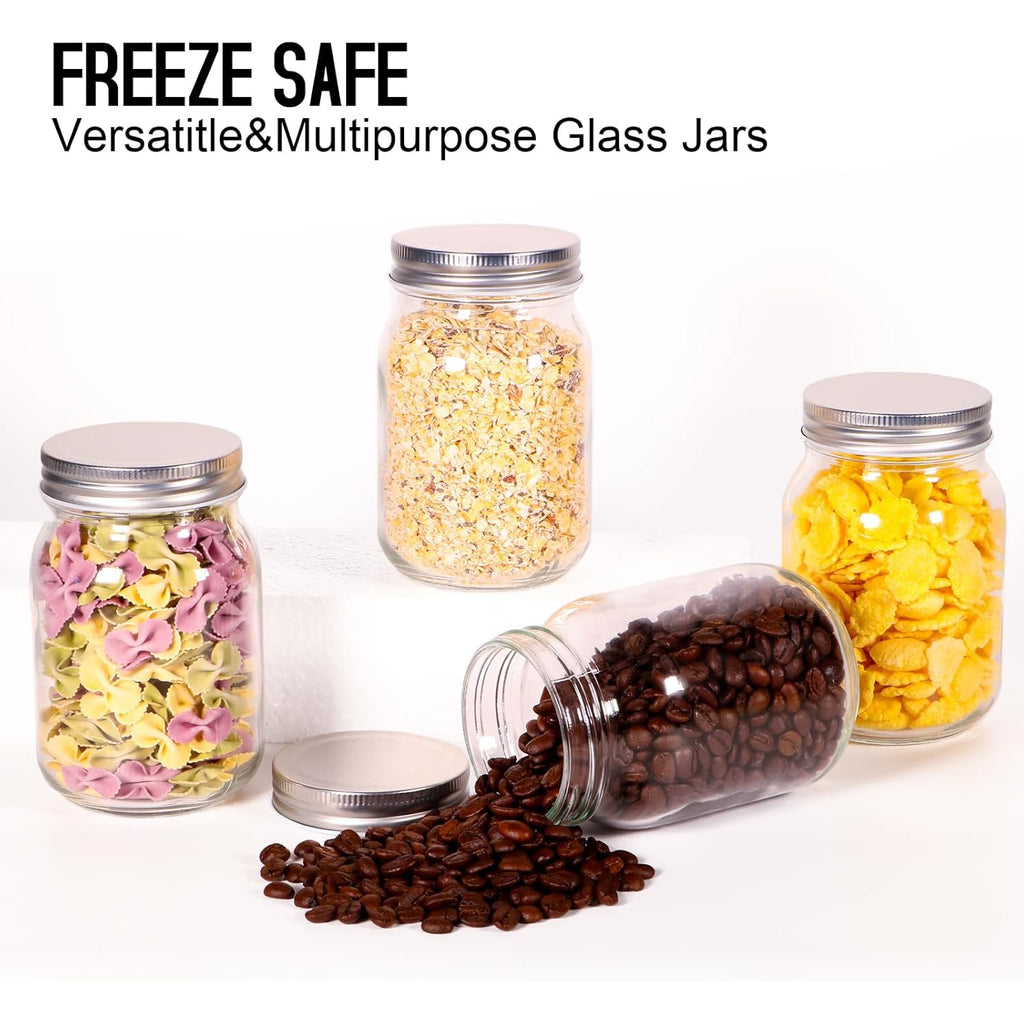 BEWAVE Glass Mason Jars, 16oz Clear Glass Jars with Lids for Sealing, Regular Mouth Canning Jars for Food Storage, Snacks, Candies, DIY Projects, 4 Pack