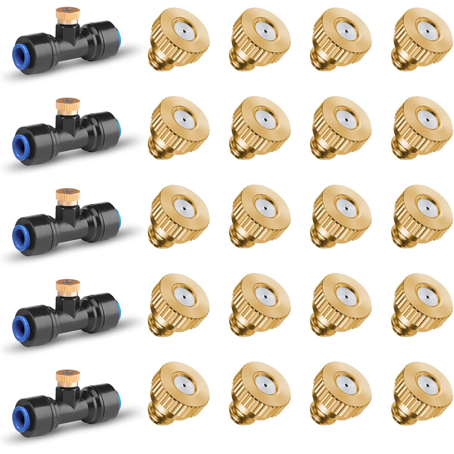 20 Pack Brass Misting Nozzles & 5 Pack Tee Misters | Nozzles Replacements For 1/4 Inch Tubing, For Outdoor Patio Cooling, Garden Watering, Fan Mist System