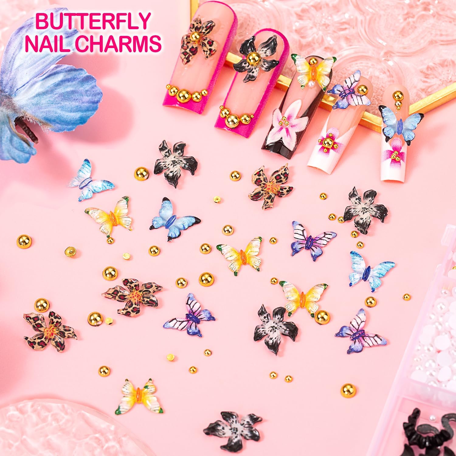 8000pcs 3D Nail Charms and Nail Gems, Cute Nail Rhinestones and Charms Y2K for Nails Nesign, Variety Butterfly Bow Moon Star Flower Junk Case Charms Gold Pearls Nail Jewels for Nail Art Decorations
