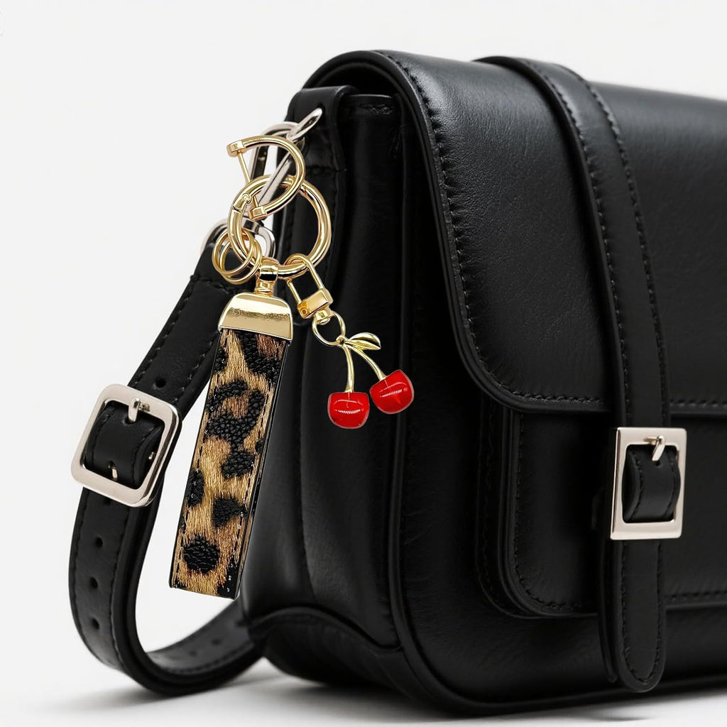 Angyape Cherry Keychain Wristlet Leather Car Keychain for Women Cute Purse Bag Charms Key Fob Holder with Keyrings Gifts