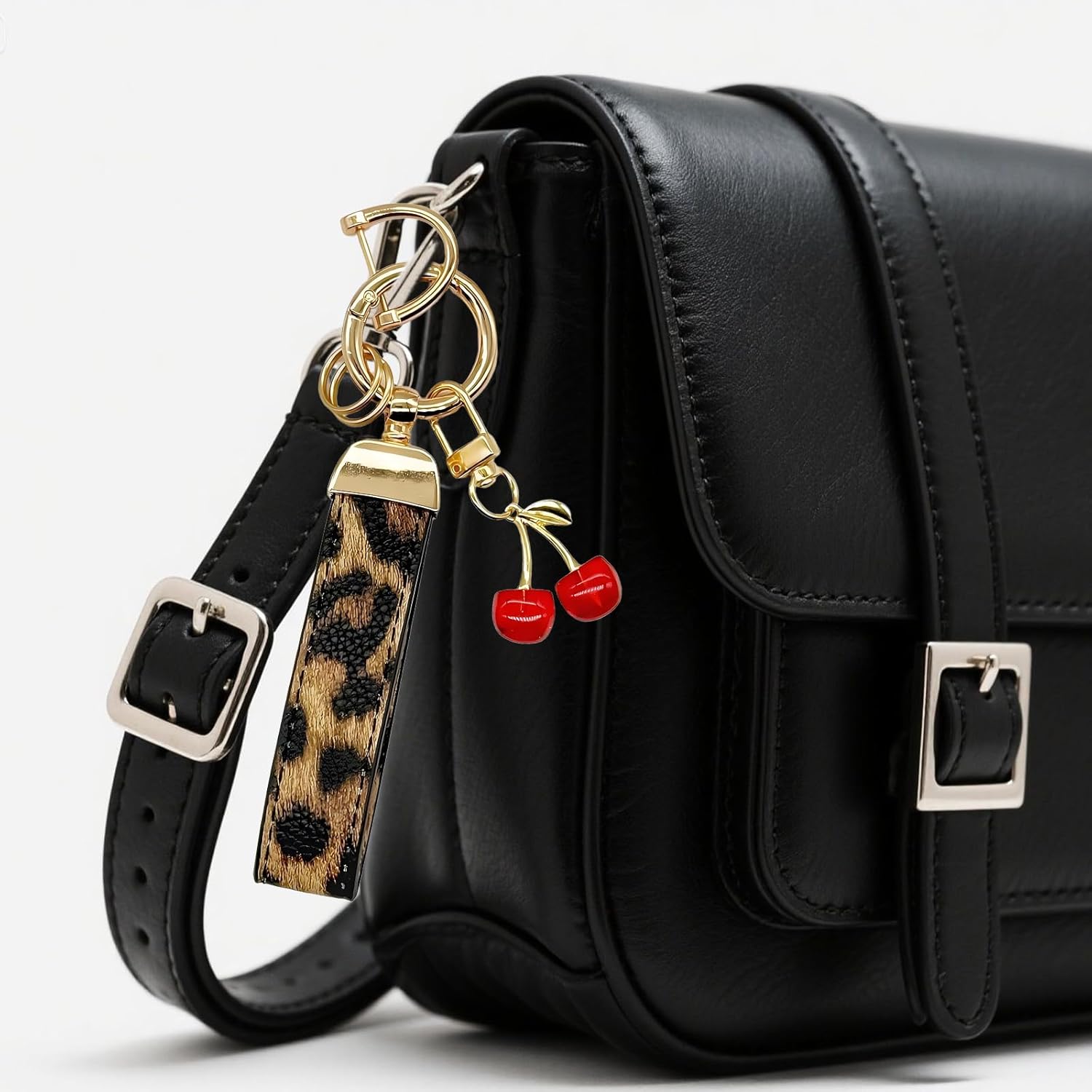 Angyape Cherry Keychain Wristlet Leather Car Keychain for Women Cute Purse Bag Charms Key Fob Holder with Keyrings Gifts