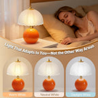 Mushroom Table Lamp, Ceramic Bedside Lamp With Glass Shade, 3-Way Lighting (2700K-5000K) Rocker Switch, Small Nightstand Lamp For Bedroom, Living Room, Office, Orange