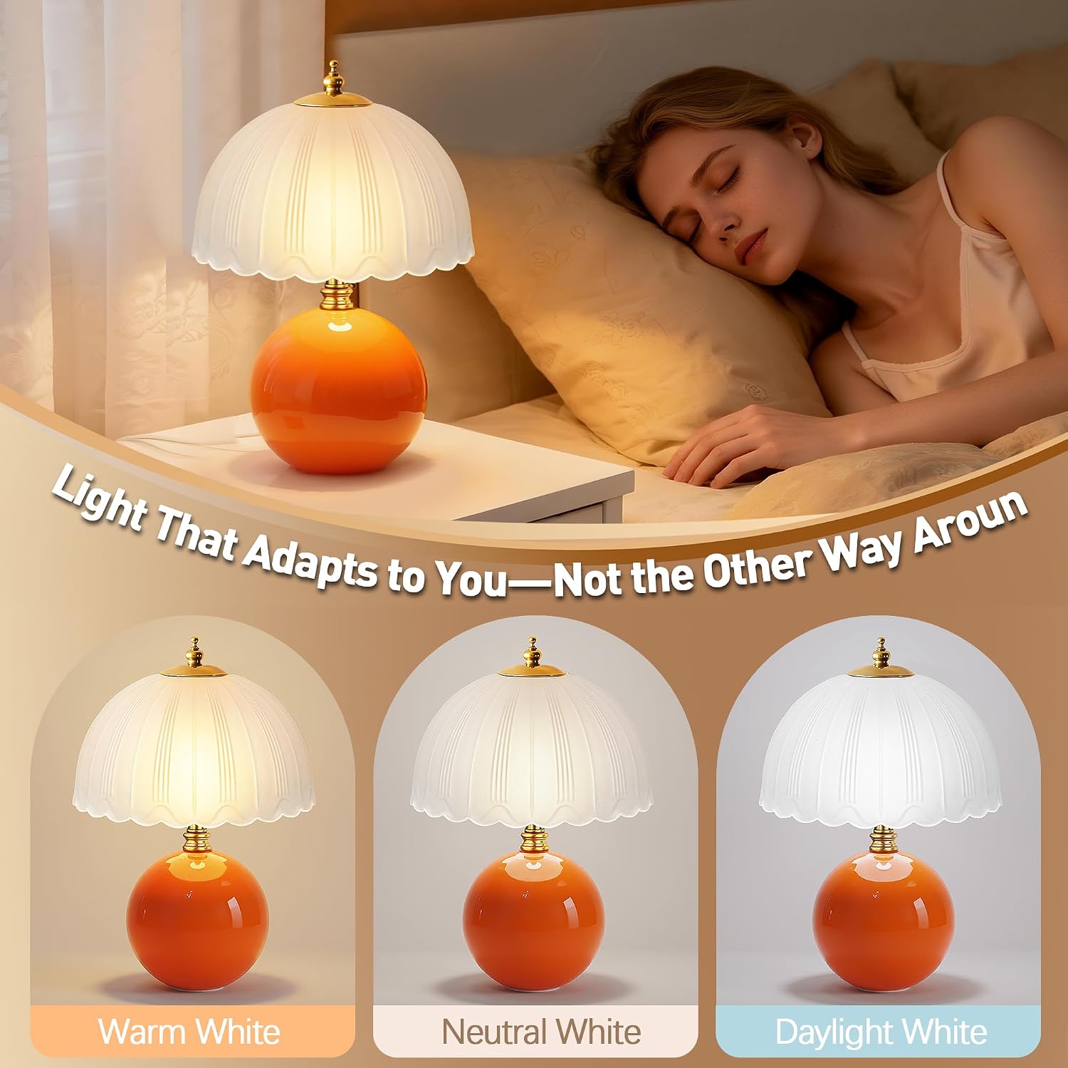 Mushroom Table Lamp, Ceramic Bedside Lamp With Glass Shade, 3-Way Lighting (2700K-5000K) Rocker Switch, Small Nightstand Lamp For Bedroom, Living Room, Office, Orange