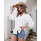 Womens Cotton Button Down Shirts 3/4 Sleeve Casual Loose Fit V Neck Stylish Breathable Summer Spring Blouses Top
