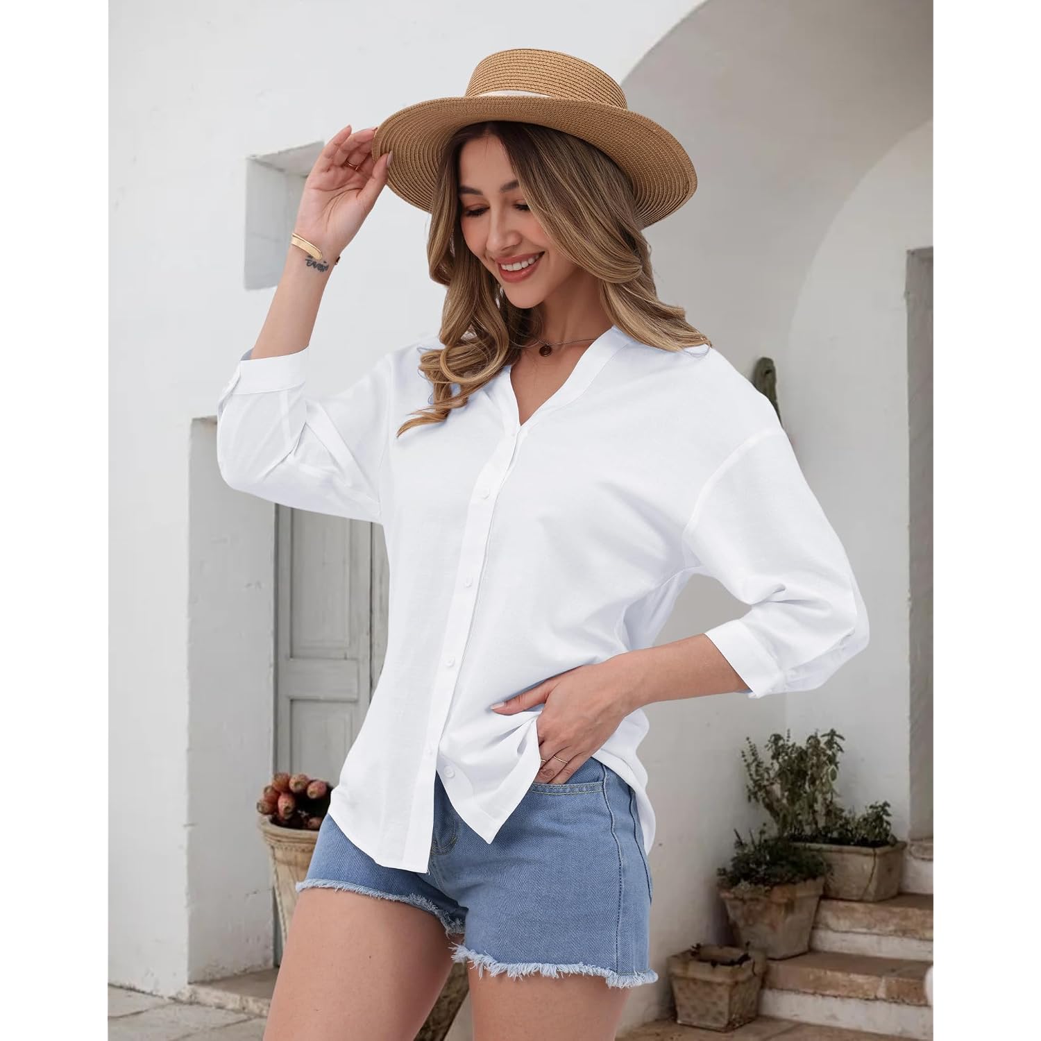 Womens Cotton Button Down Shirts 3/4 Sleeve Casual Loose Fit V Neck Stylish Breathable Summer Spring Blouses Top
