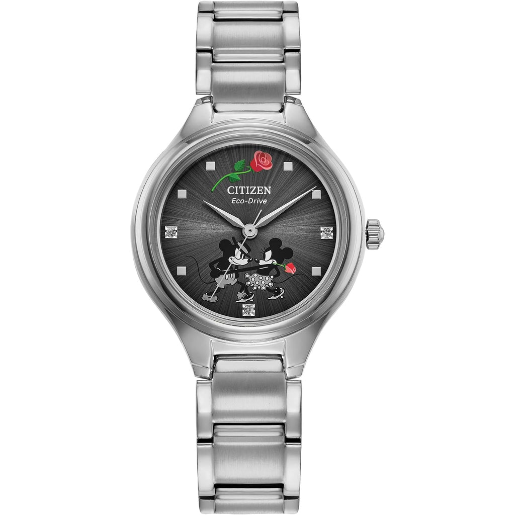 Citizen Women'S Eco-Drive Mickey Mouse & Friends, Mickey Mouse And Minnie Tango, 3 Hand Silver-Tone Stainless Steel Bracelet Watch (Fe2101-58W)