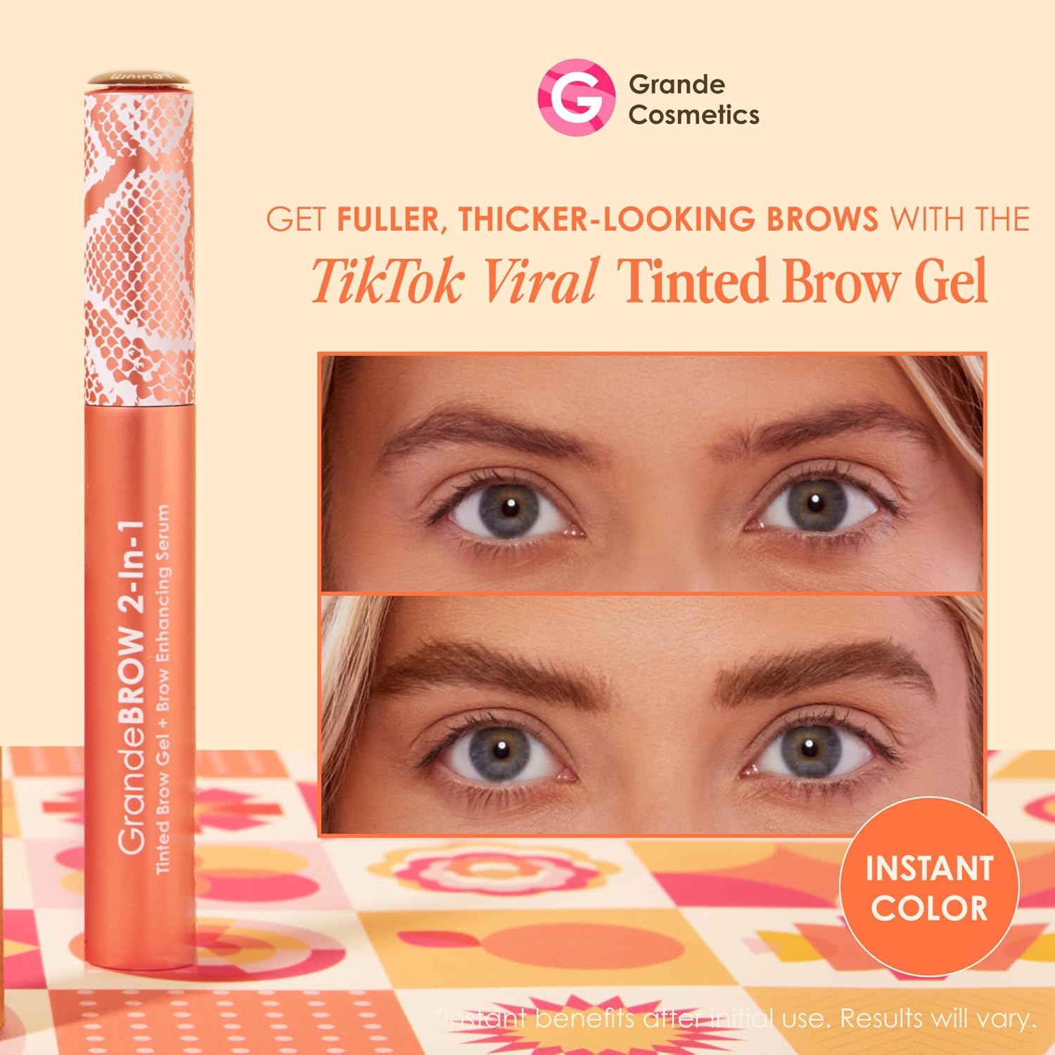 Grande Cosmetics GrandeBROW 2-in-1 Tinted Brow Gel + Brow Enhancing Serum for Thicker & Darker-Looking Eyebrows, Shape & Fill Brows, Long Wear, with Castor Oil & Mini Fibers