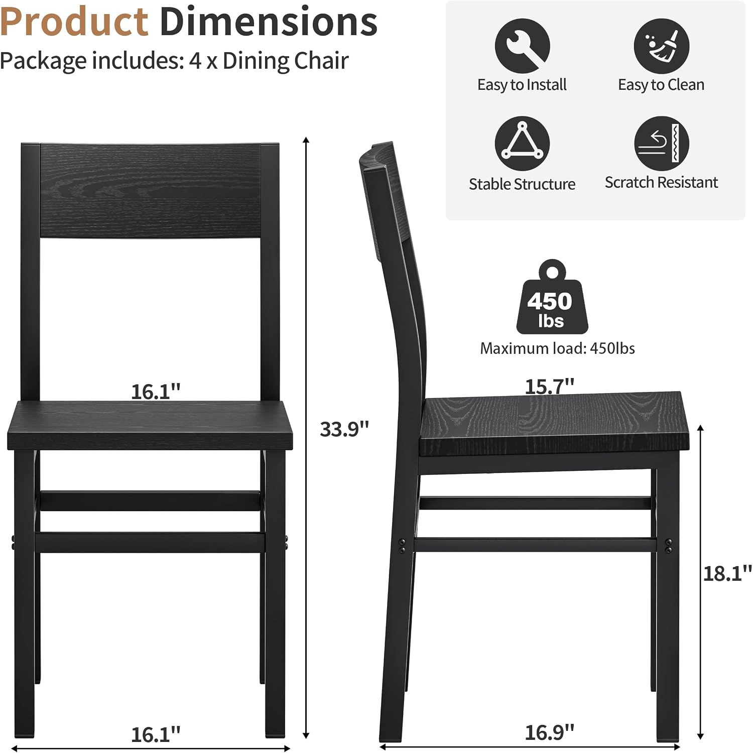 Dining Chairs Set Of 4, Rustic Wood Dining Room Chairs With Thickened And Strengthened Metal Steel Frame & Slat Back, Modern Farmhouse Chair For Kitchen, Dining Room (4, Dark Black)