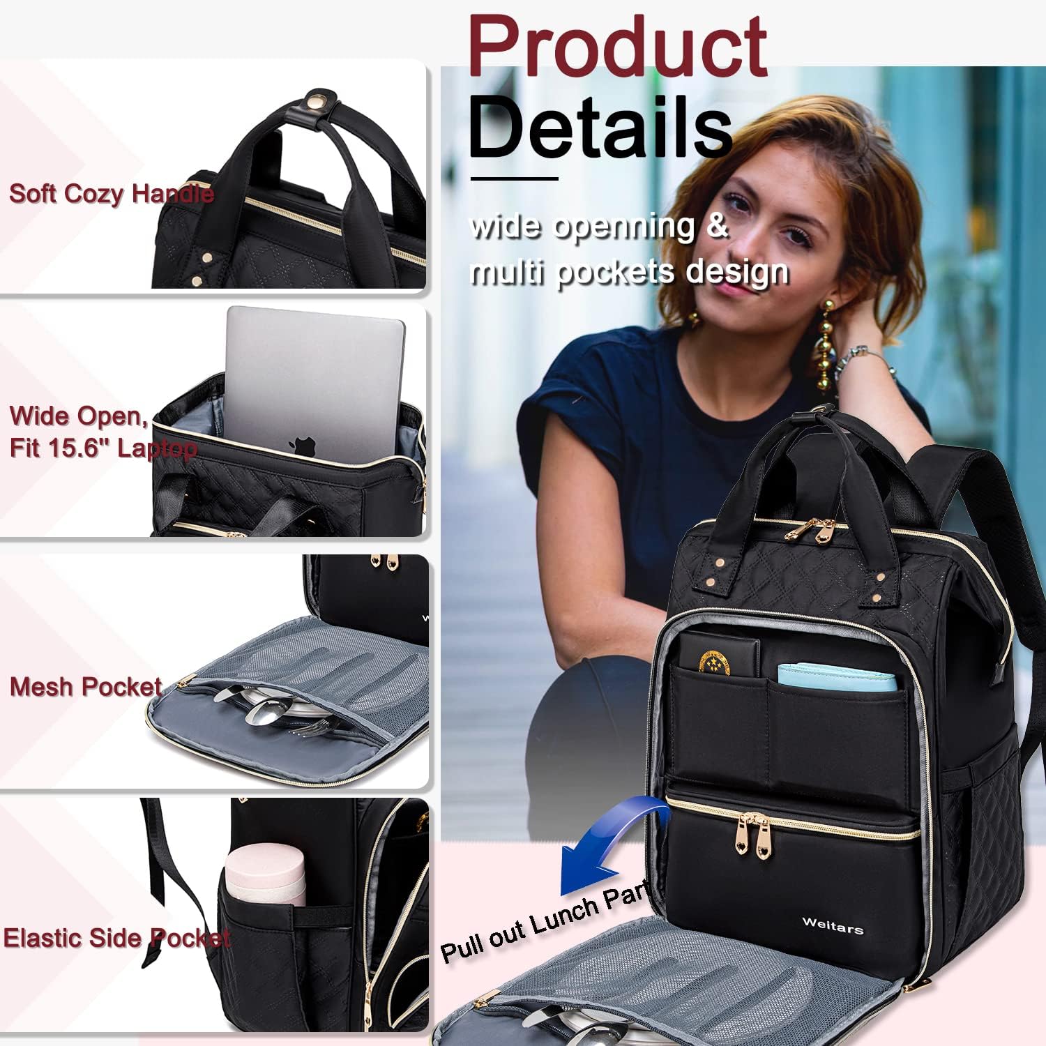 Lunch Backpack For Women,15.6 Inch Laptop Backpacks For Womens Back Pack, Travel Backpacks,Work Backpack For Women (Black)