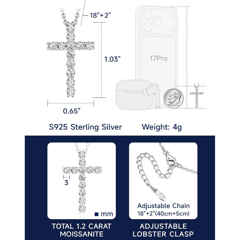 MomentWish Cross Necklace for Women, Christian Gifts for Her, Moissanite Cross Pendant, 925 Sterling Silver Necklaces Religious Anniversary Birthday Gifts for Women-