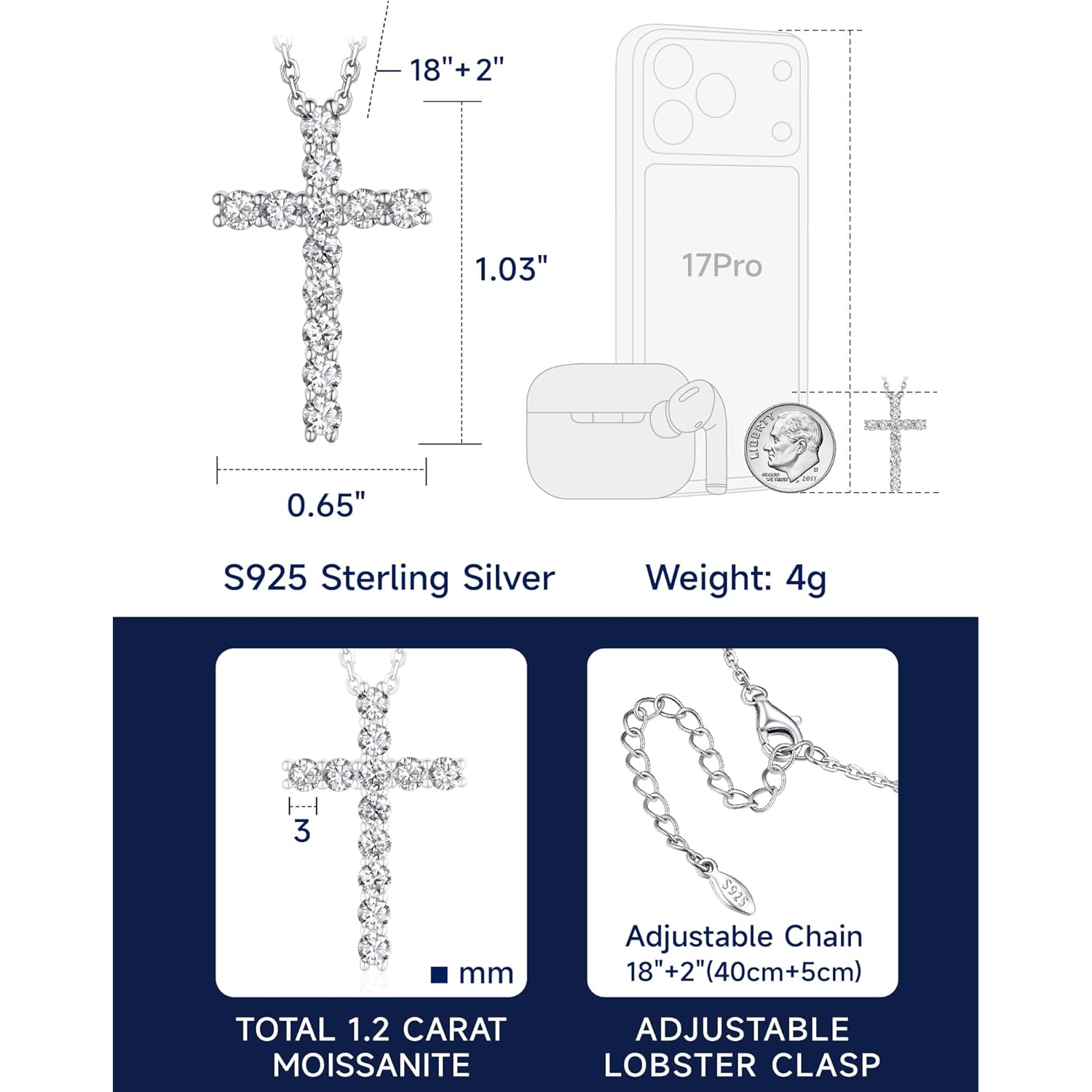 MomentWish Cross Necklace for Women, Christian Gifts for Her, Moissanite Cross Pendant, 925 Sterling Silver Necklaces Religious Anniversary Birthday Gifts for Women-