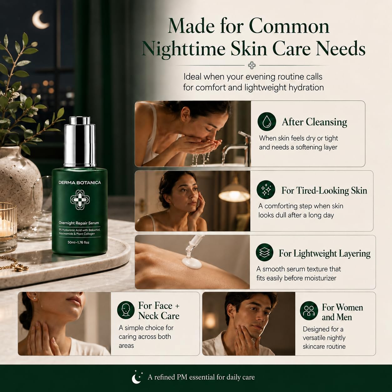 Derma Botanica Overnight Repair Serum With Peptide Complex ，Derma Botanica Overnight Serum – Luxurious Night Facial Serum–Night Facial Firming Lifting Neck Skin Care For Women/Men(1.76 Fl Oz)