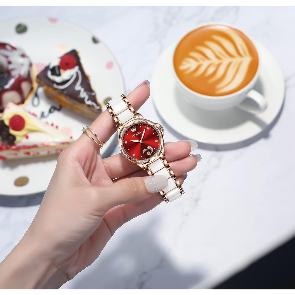 Olevs Automatic Watch For Women Luxury Diamond Rose Gold Ladies Self Winding Mechanical Ceramic Wrist Watch Love Heart Date