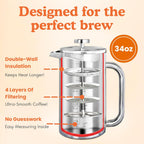 Ziruma Non-Toxic French Press, Surgical Stainless Steel Coffee Press, Plastic-Free, Heavy Metal-Free, No Endocrine Disruptors, 34 Oz, Double Wall, 4-Layer Filter, Portable Coffee Maker