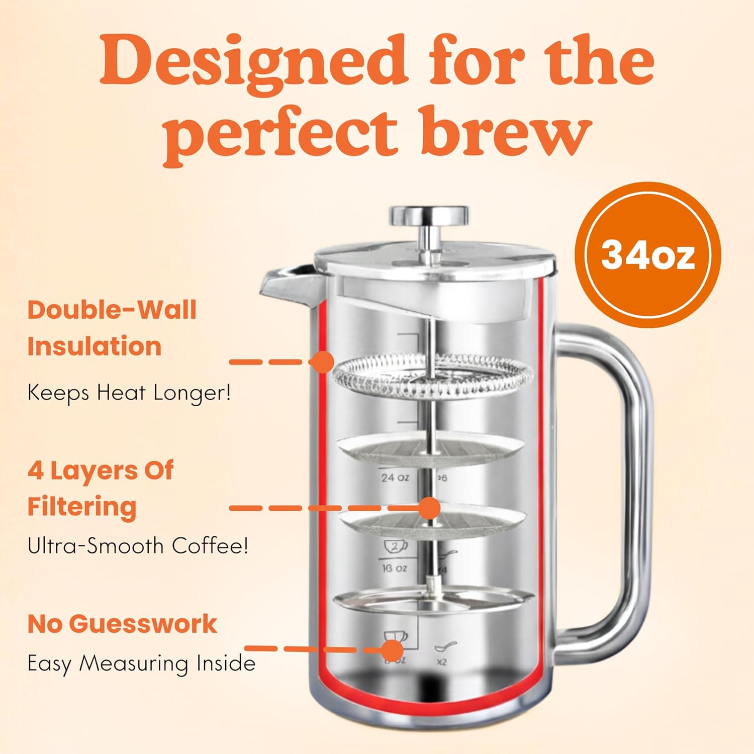 Ziruma Non-Toxic French Press, Surgical Stainless Steel Coffee Press, Plastic-Free, Heavy Metal-Free, No Endocrine Disruptors, 34 Oz, Double Wall, 4-Layer Filter, Portable Coffee Maker