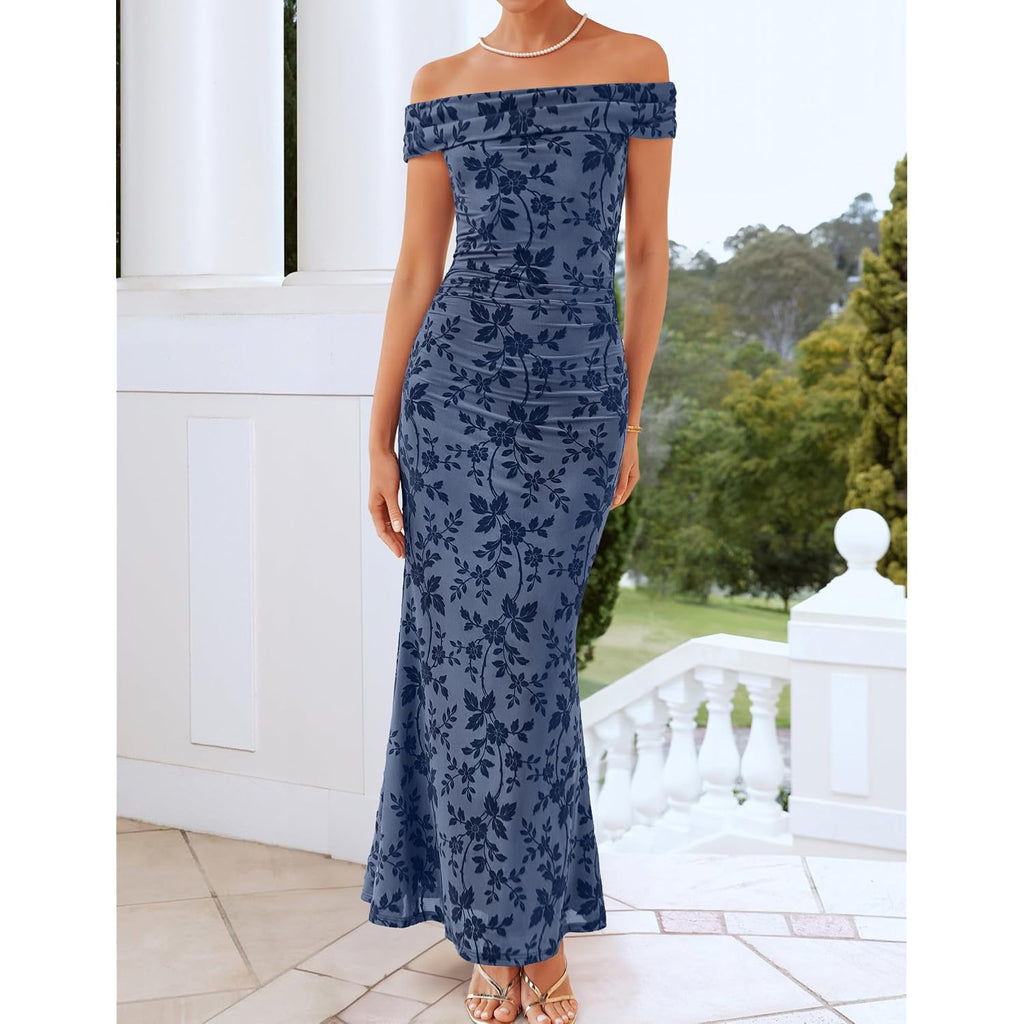 Zesica Women'S Summer Off Shoulder Floral Bodycon Maxi Dress 2026 Ruched Elegant Formal Cocktail Wedding Guest Long Dresses