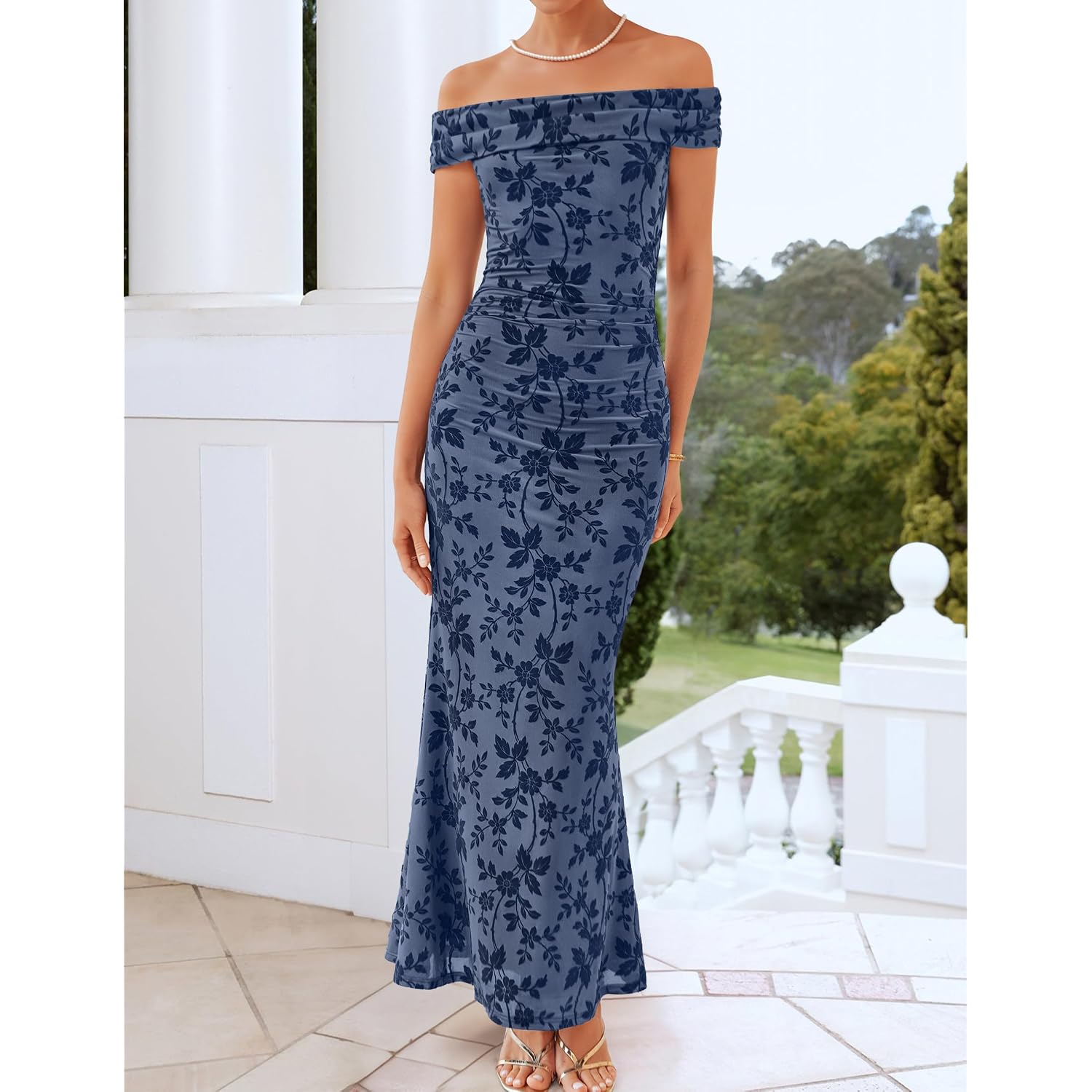 Zesica Women'S Summer Off Shoulder Floral Bodycon Maxi Dress 2026 Ruched Elegant Formal Cocktail Wedding Guest Long Dresses