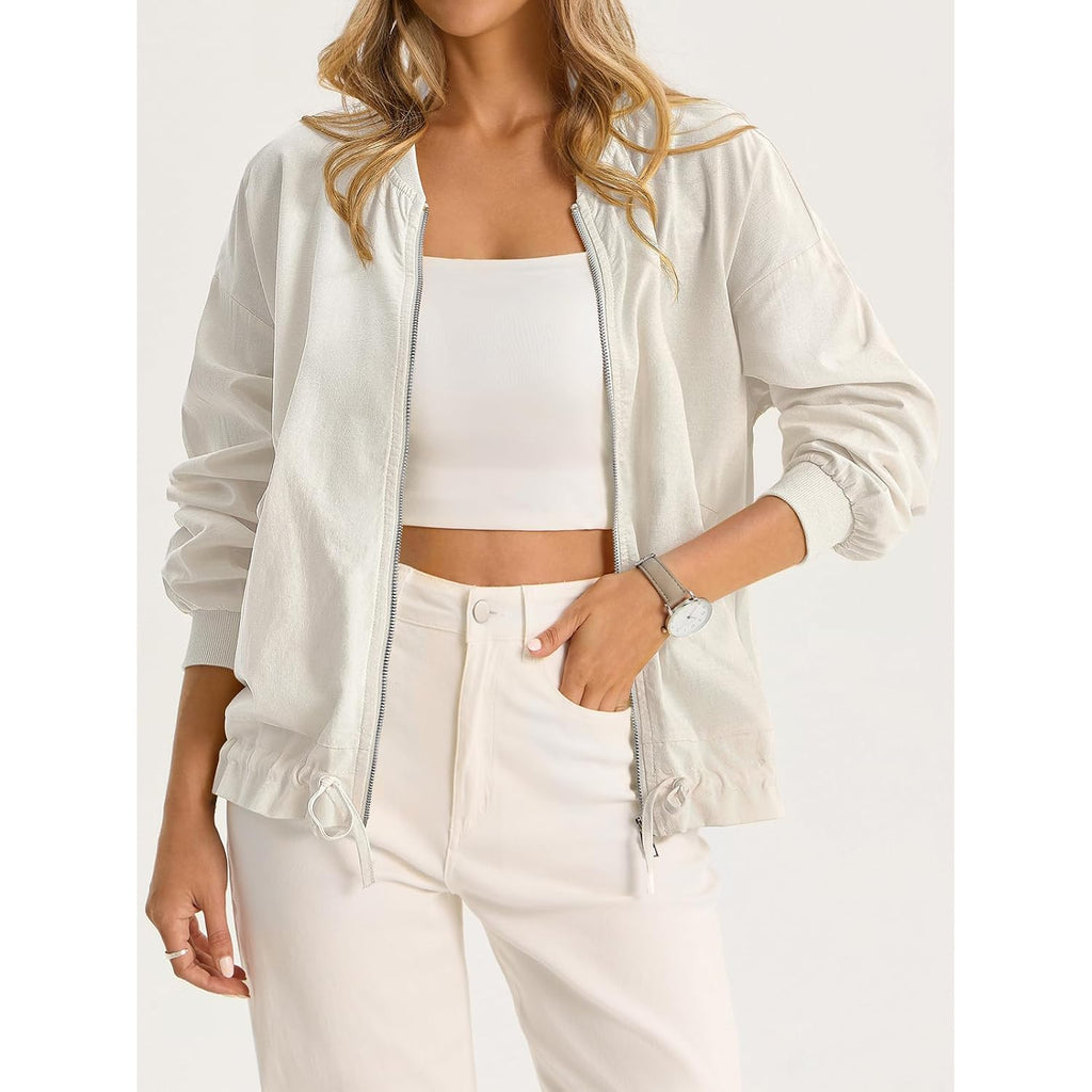 Tankaneo Womens Lightweight Bomber Jackets Casual Zip Up Drawstring Cotton Linen Jacket With Pockets