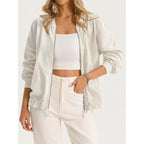 Tankaneo Womens Lightweight Bomber Jackets Casual Zip Up Drawstring Cotton Linen Jacket With Pockets